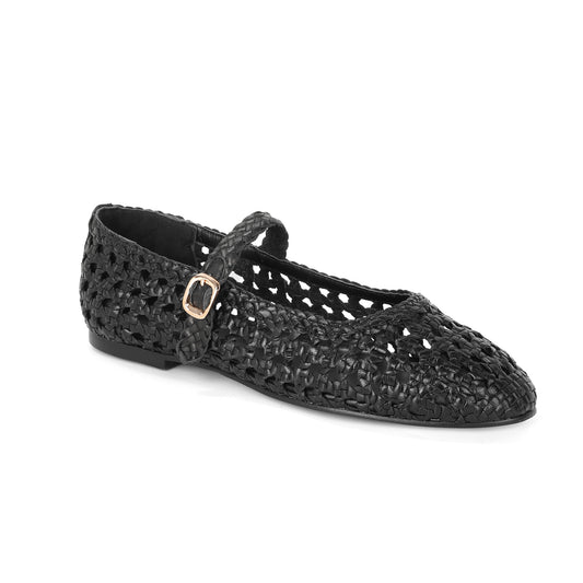 Black Woven Leather Mary Jane Flats