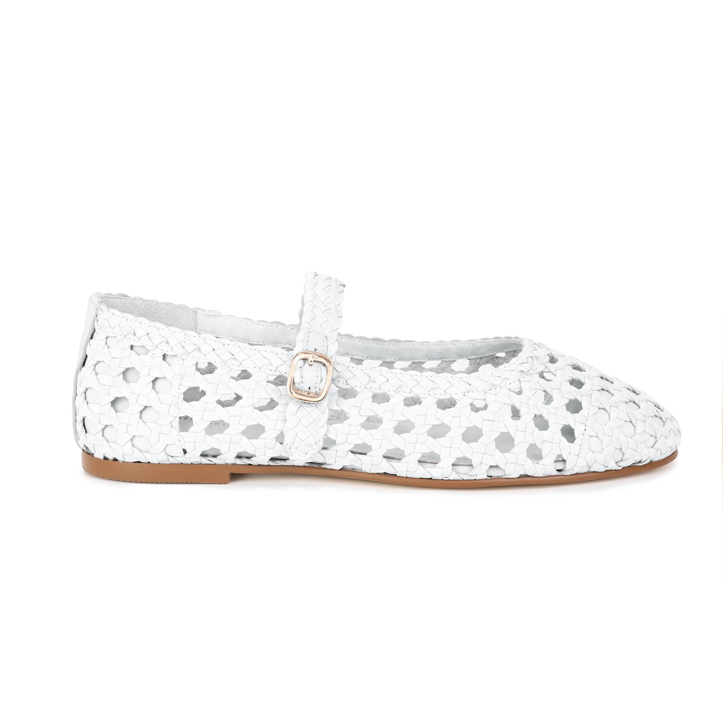 White Woven Leather Mary Jane Flats