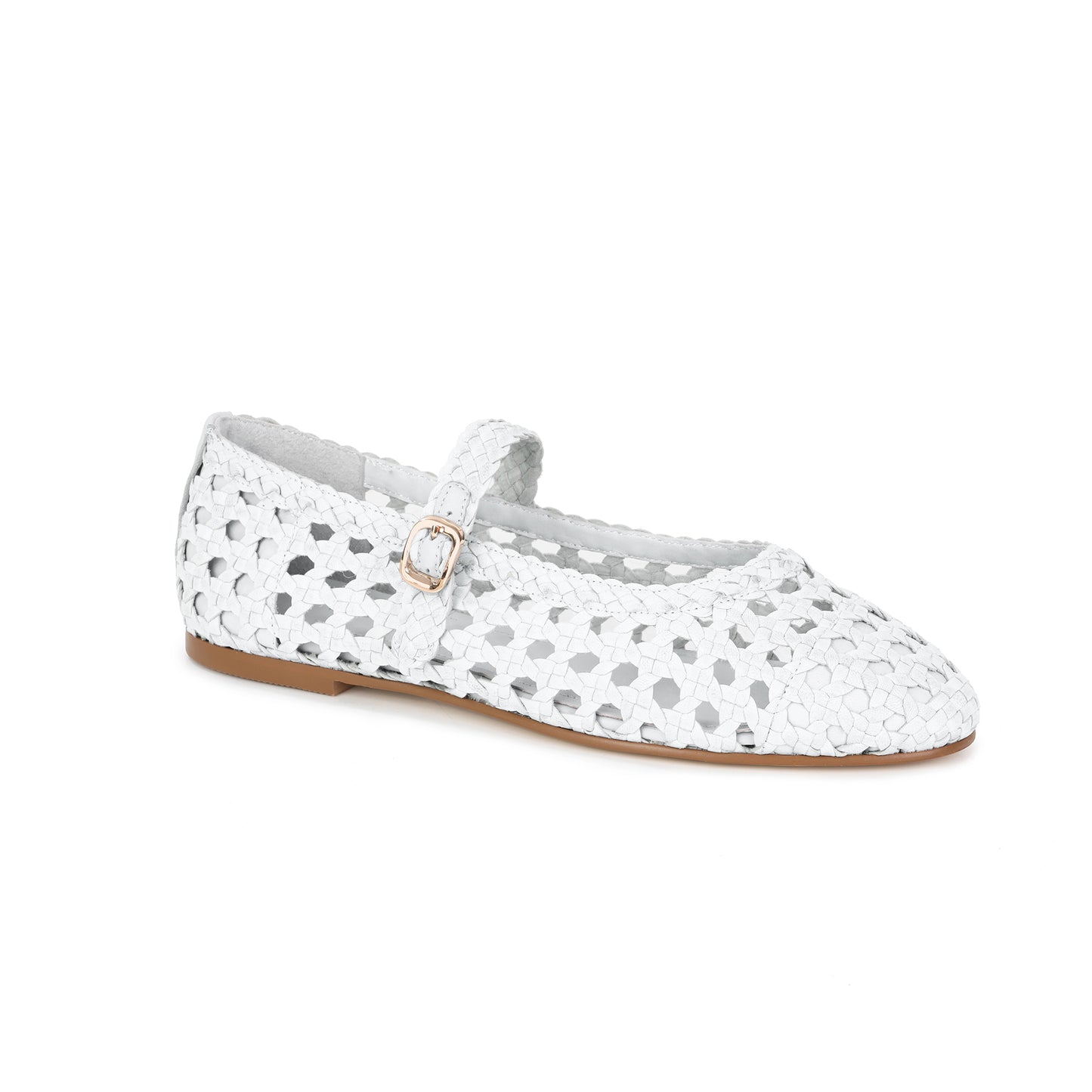 White Woven Leather Mary Jane Flats
