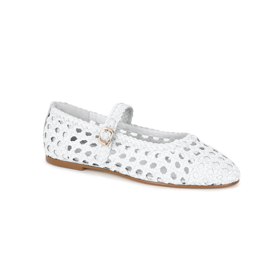 White Woven Leather Mary Jane Flats