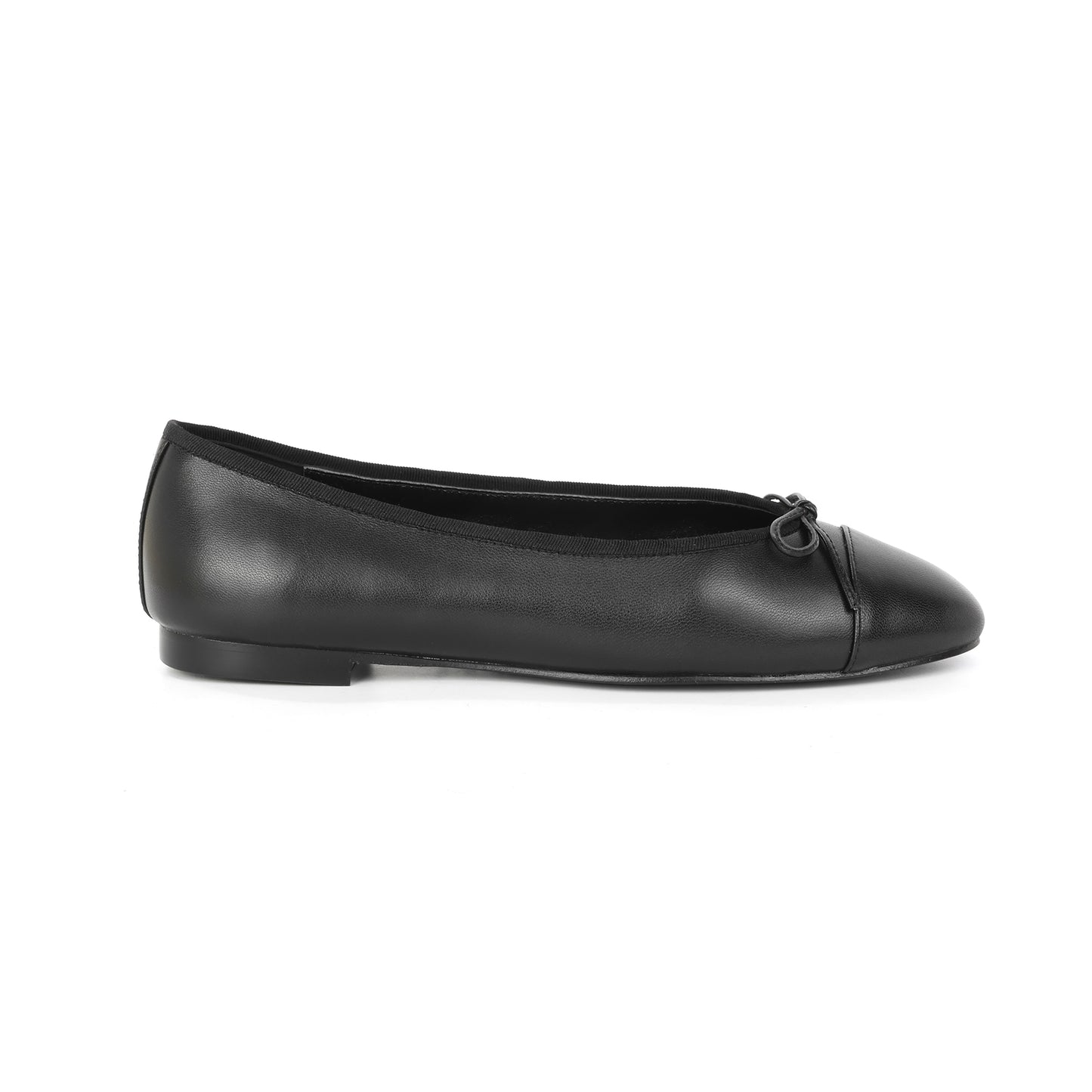 Black Leather Rue Ballet Flat with Ribbon Detail