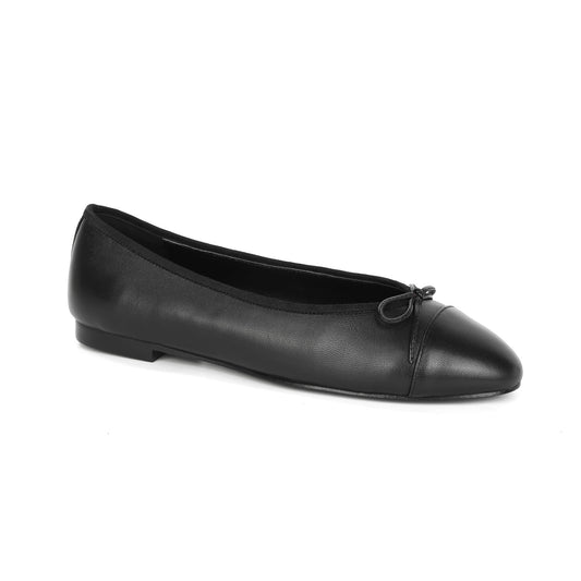 Black Leather Rue Ballet Flat with Ribbon Detail