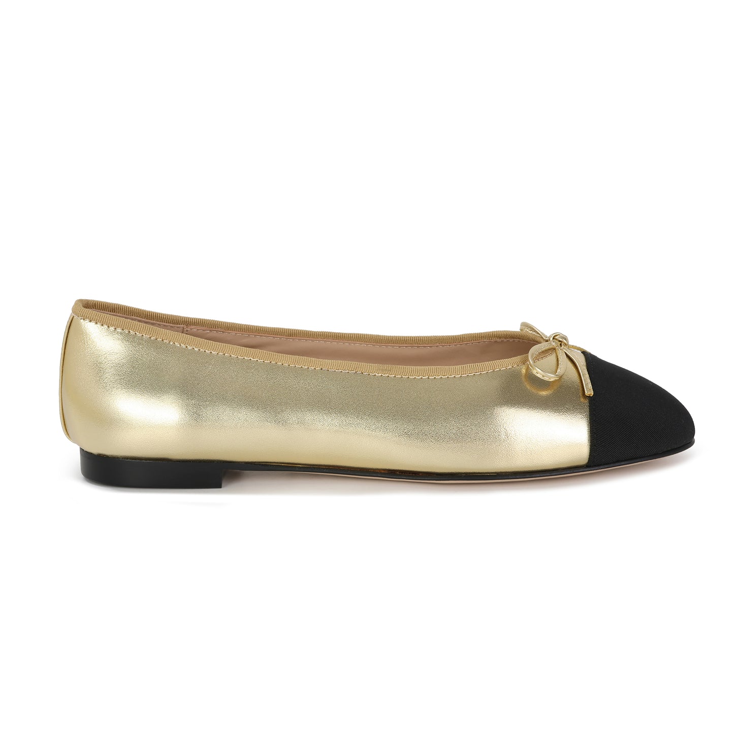 Gold/Black Leather Rue Ballet Flat with Ribbon Detail