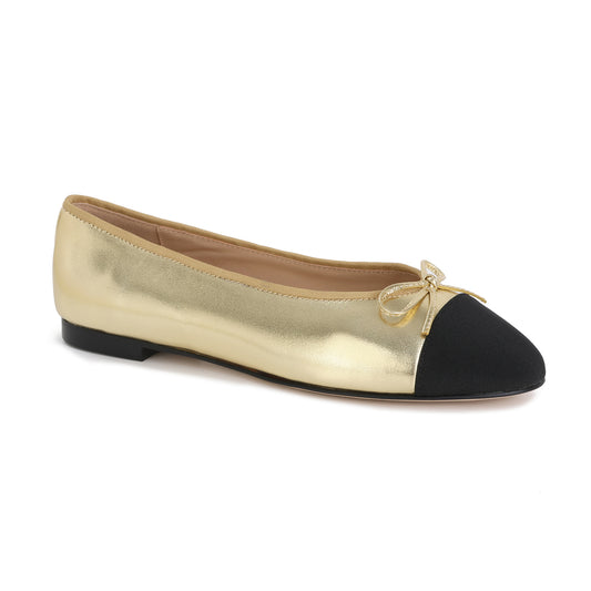 Gold/Black Leather Rue Ballet Flat with Ribbon Detail