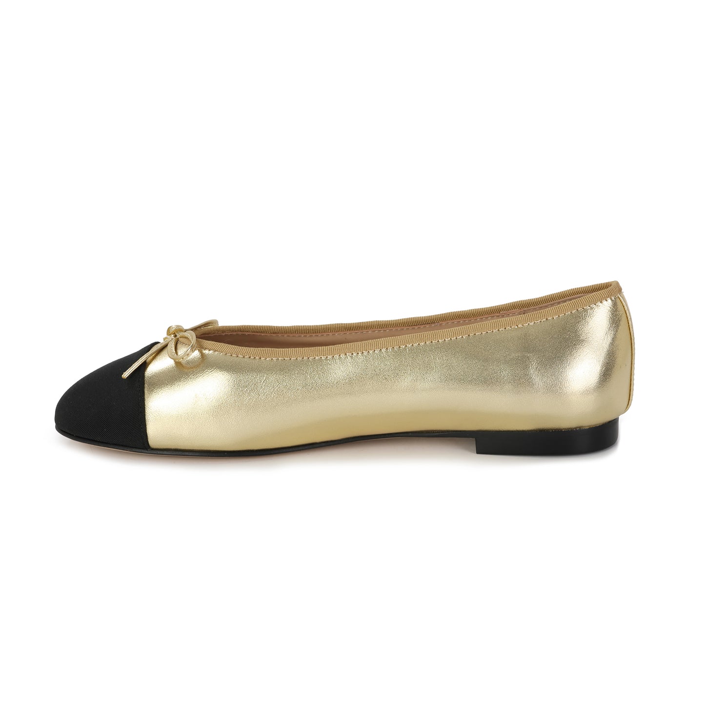 Gold/Black Leather Rue Ballet Flat with Ribbon Detail