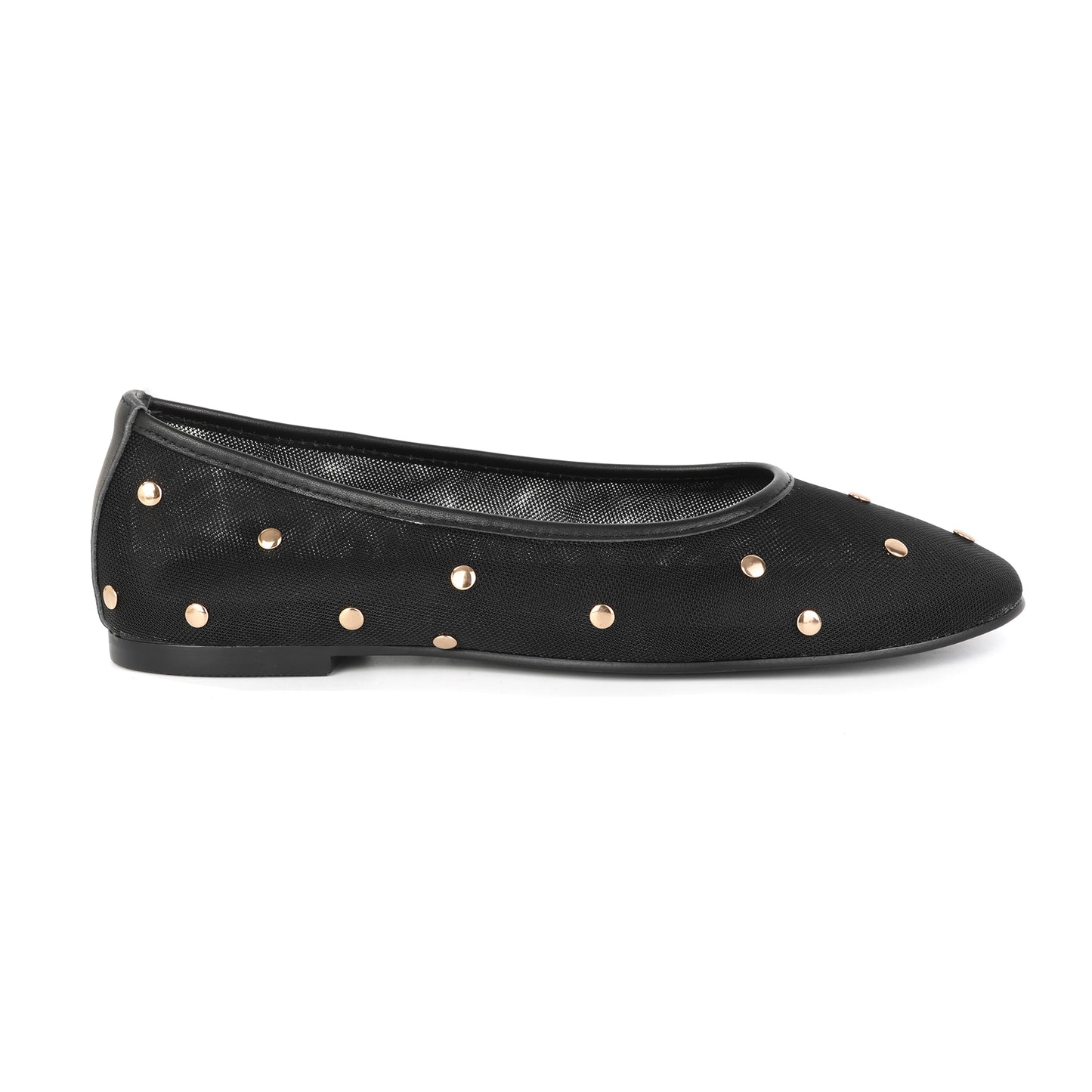 Black Studded Mesh Ballet Flats with Leather Trim