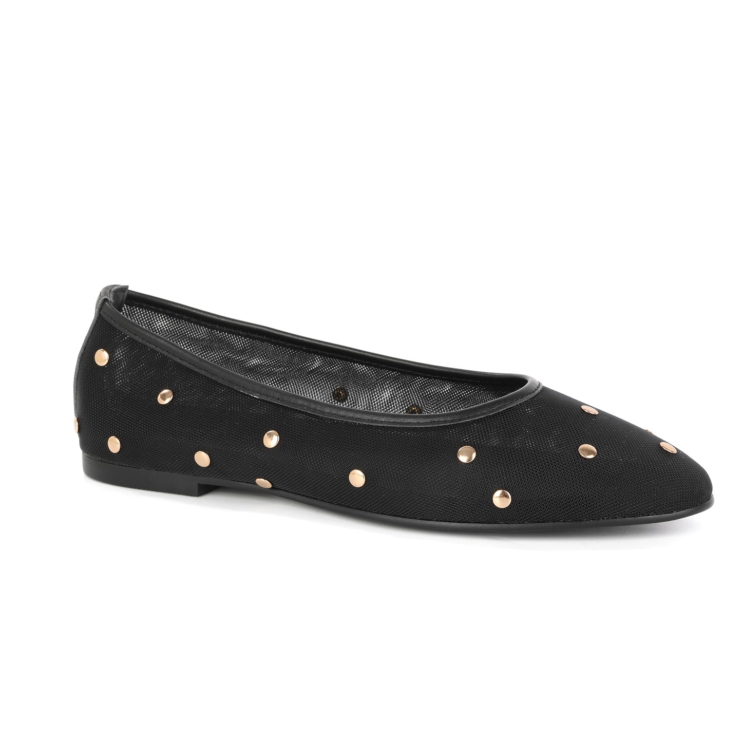 Black Studded Mesh Ballet Flats with Leather Trim