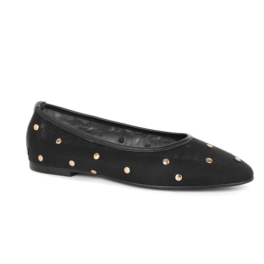 Black Studded Mesh Ballet Flats with Leather Trim
