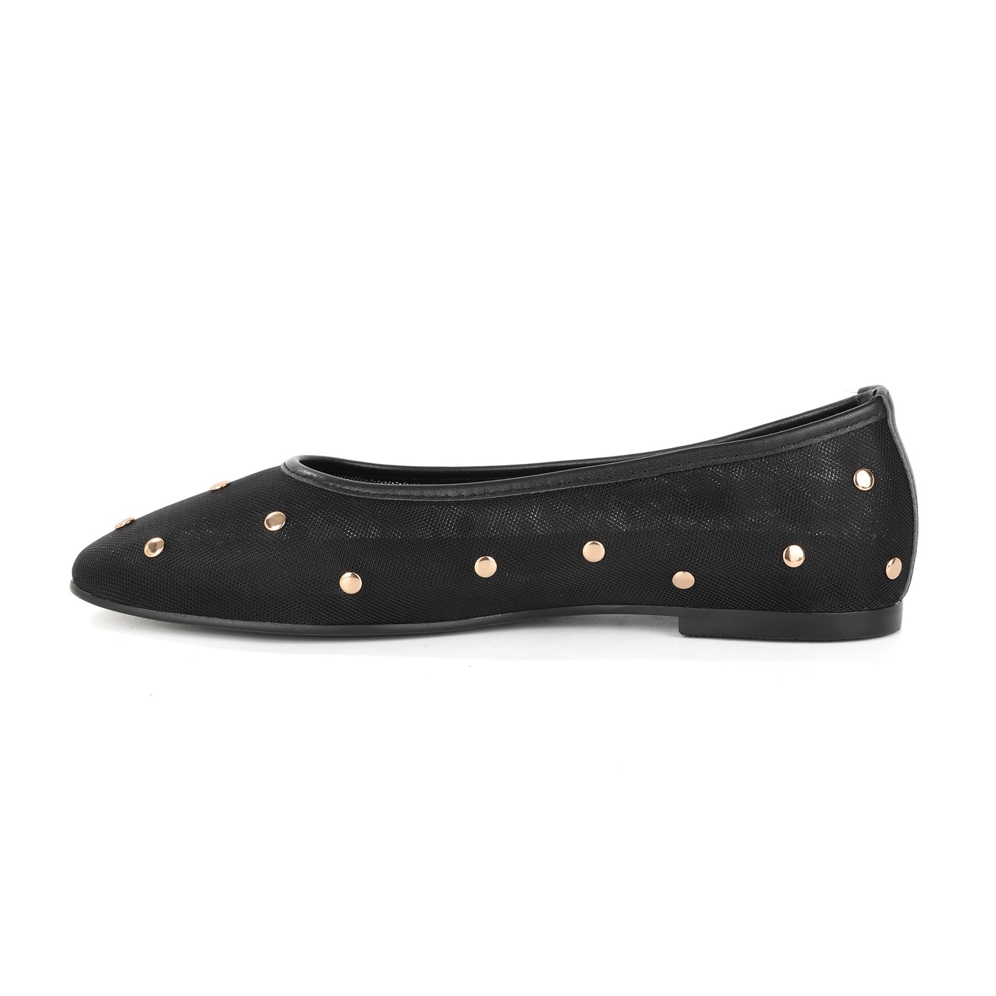 Black Studded Mesh Ballet Flats with Leather Trim