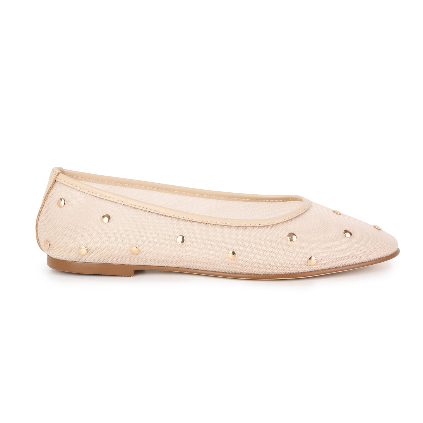 Beige Studded Mesh Ballet Flats with Leather Trim
