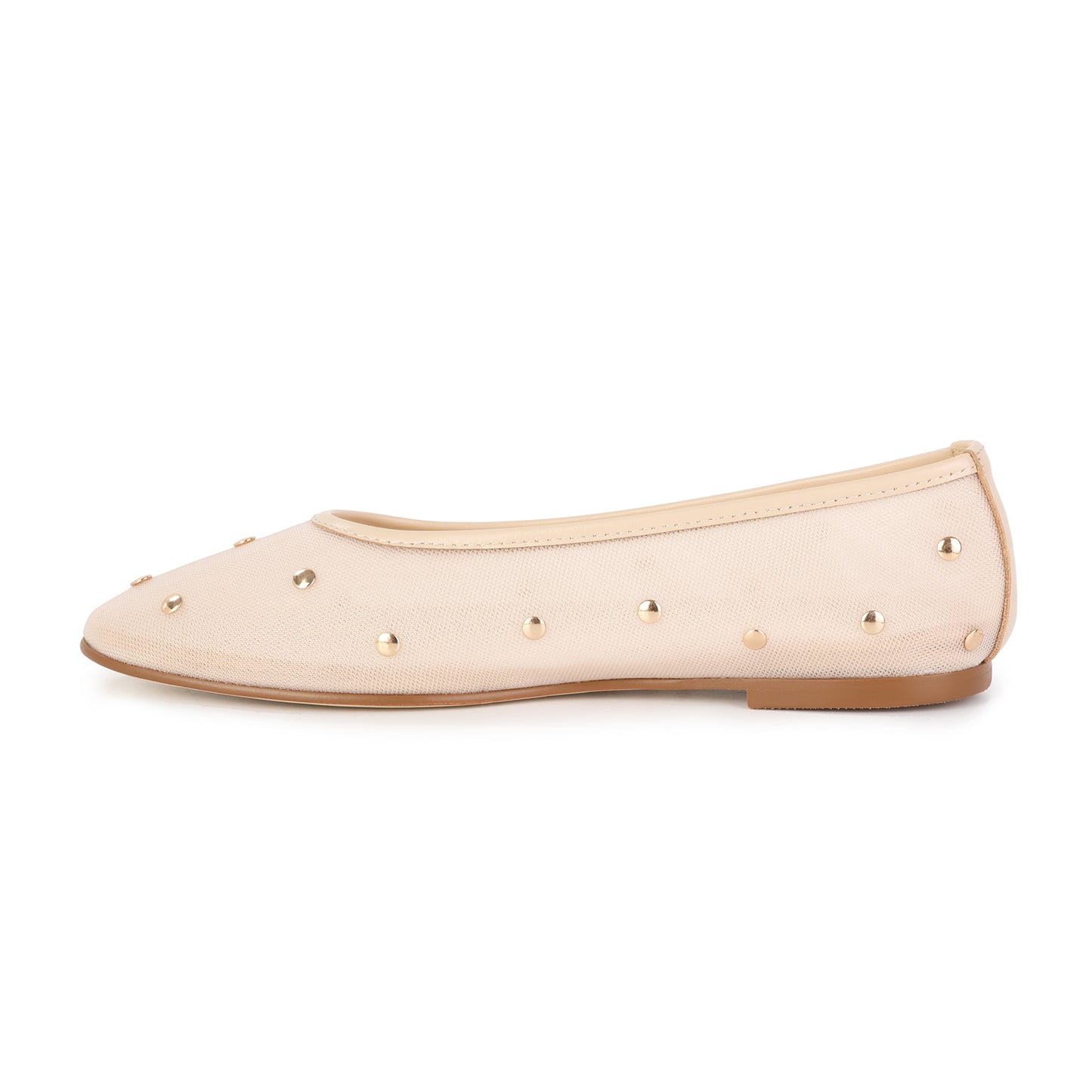 Beige Studded Mesh Ballet Flats with Leather Trim