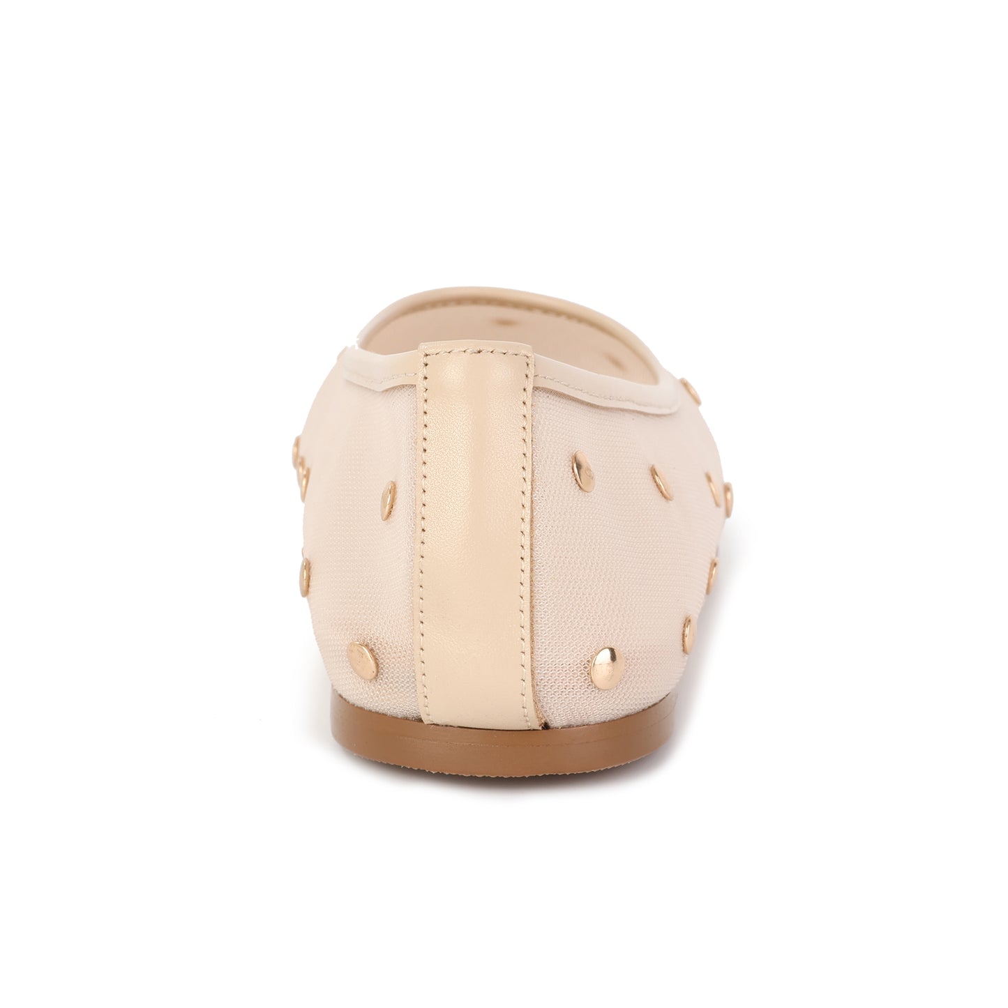 Beige Studded Mesh Ballet Flats with Leather Trim