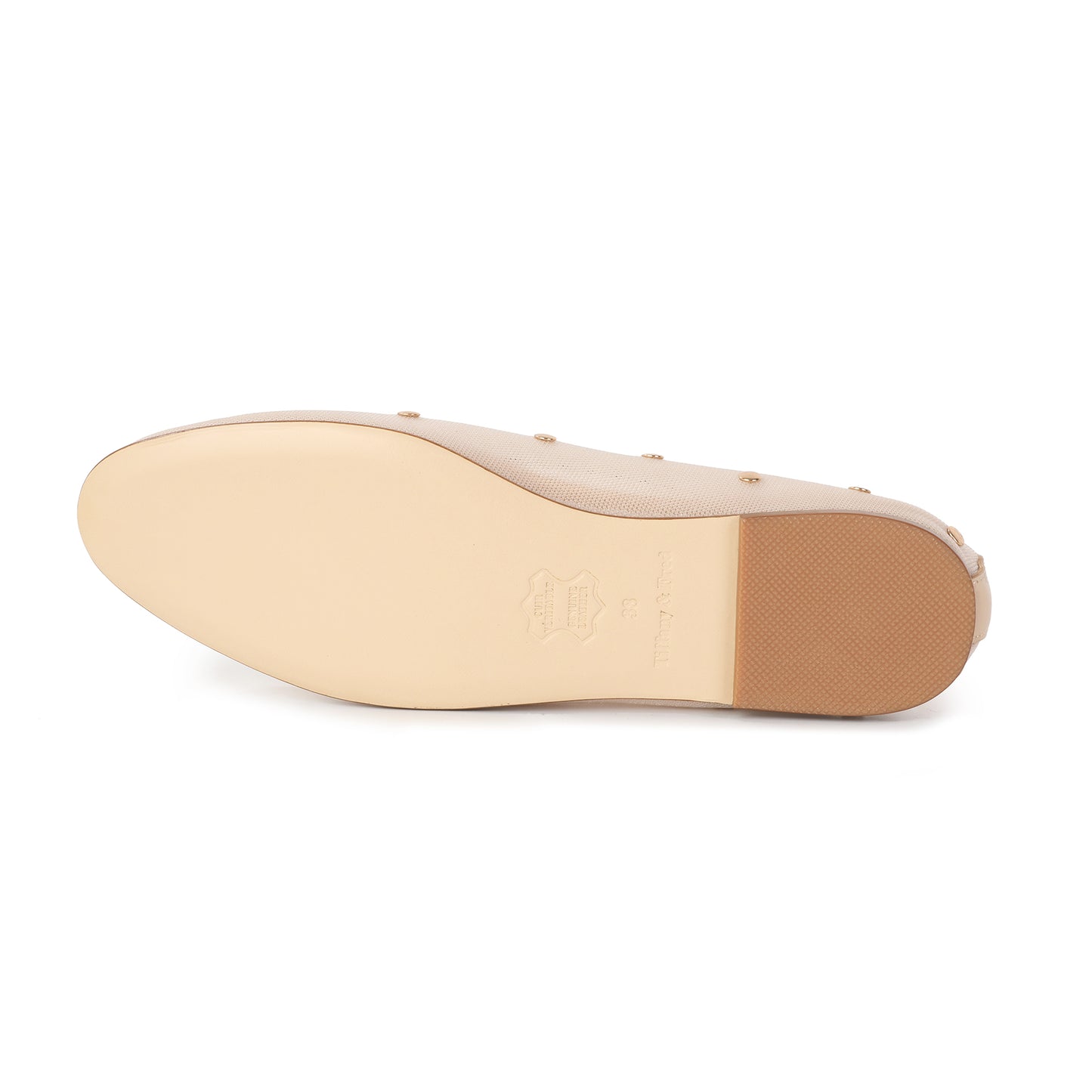 Beige Studded Mesh Ballet Flats with Leather Trim