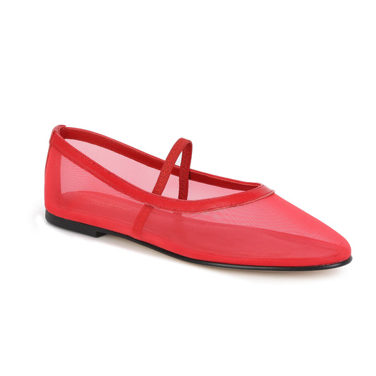 Red Mesh Mary Jane Flat with Leather Trim