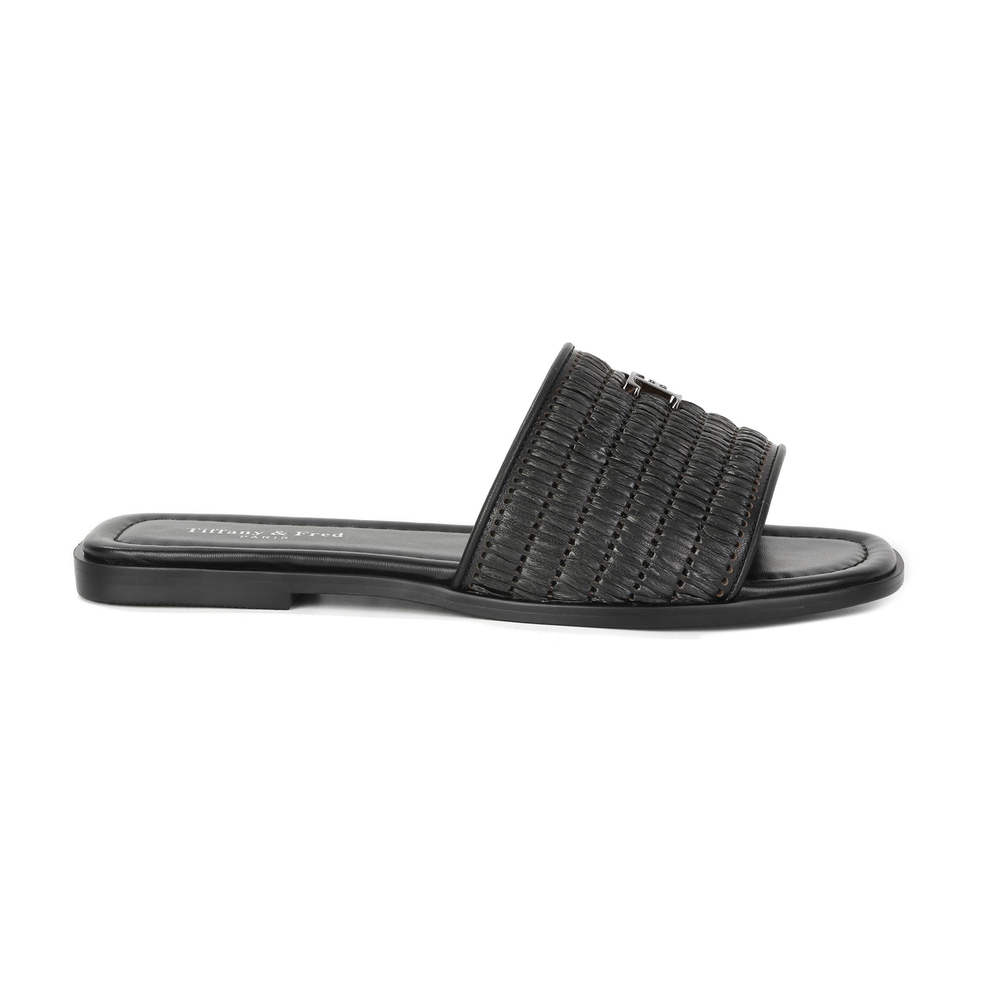 Black Leather and Raffia Woven Sandal with Logo Accent