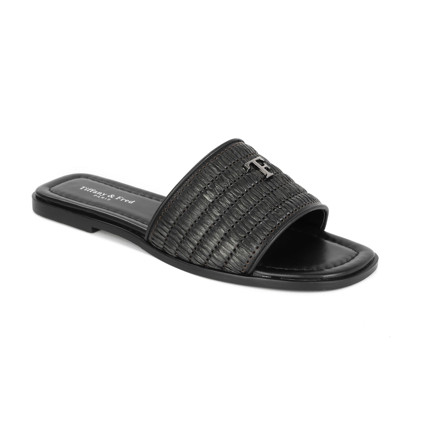 Black Leather and Raffia Woven Sandal with Logo Accent