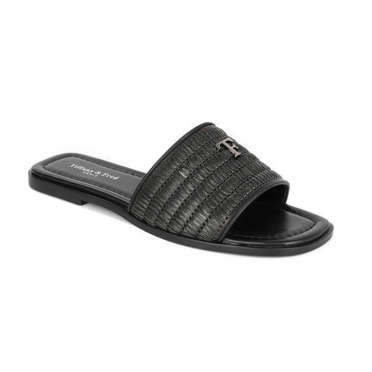 Black Leather and Raffia Woven Sandal with Logo Accent