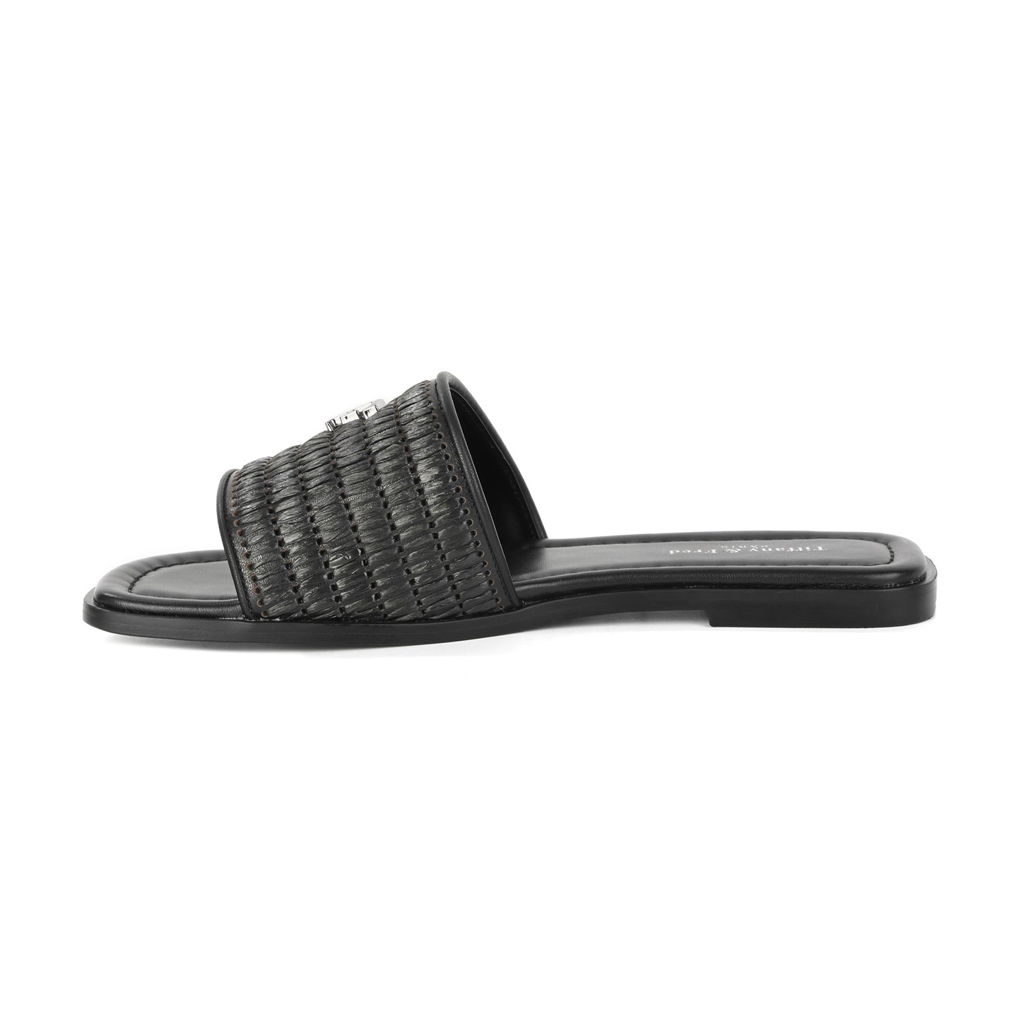 Black Leather and Raffia Woven Sandal with Logo Accent