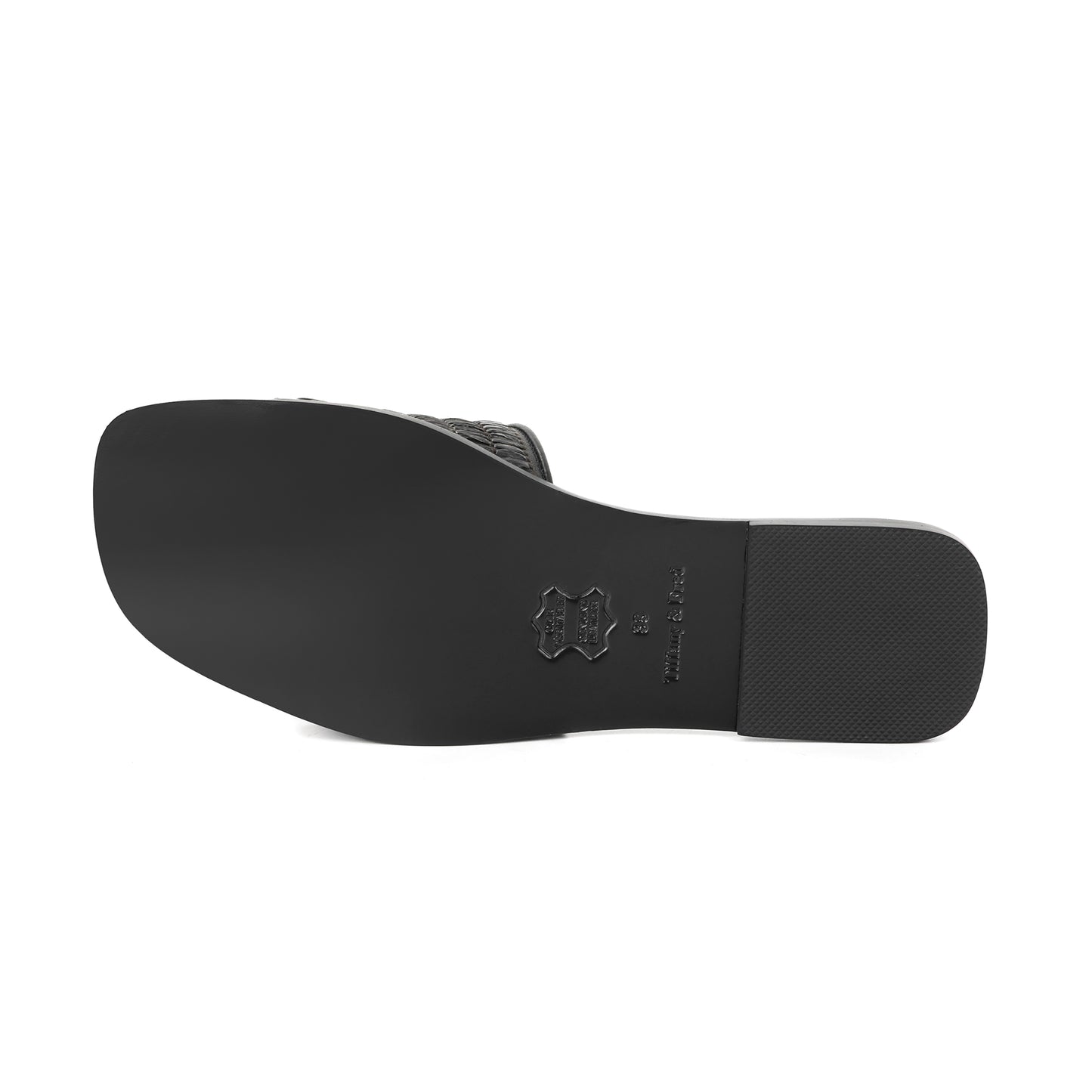 Black Leather and Raffia Woven Sandal with Logo Accent