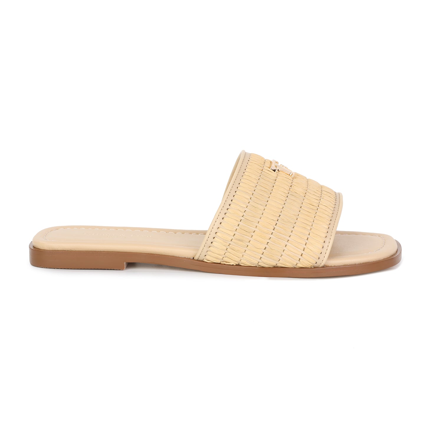 Beige Leather and Raffia Woven Sandal with Logo Accent