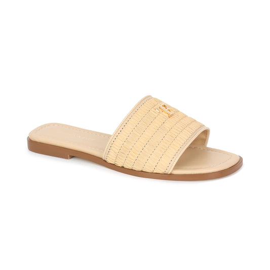 Beige Leather and Raffia Woven Sandal with Logo Accent