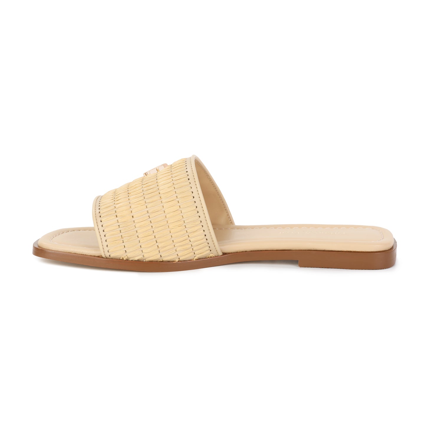 Beige Leather and Raffia Woven Sandal with Logo Accent