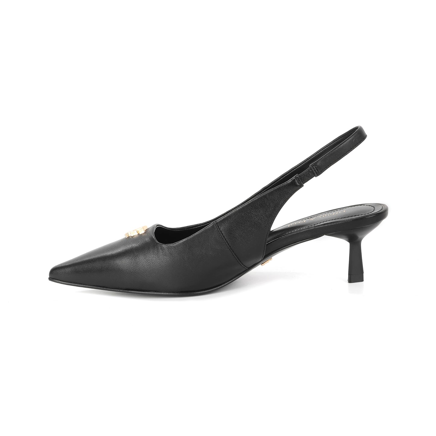 Black Leather Slingback Pointed Kitten Heel with Logo Accent