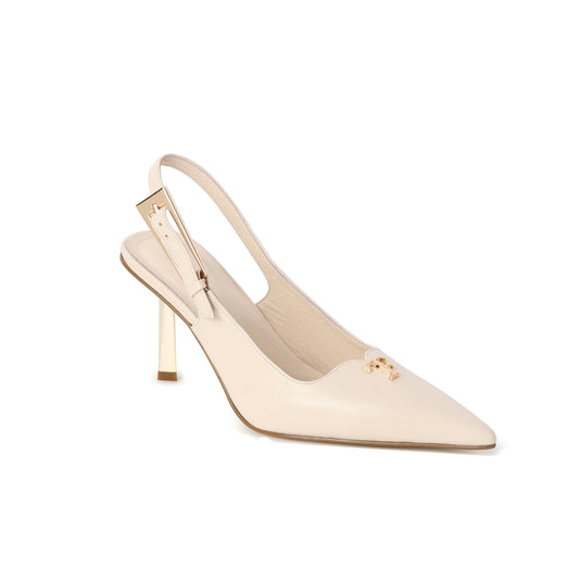 White Leather Silhouette Slingback Pumps with Logo Accent