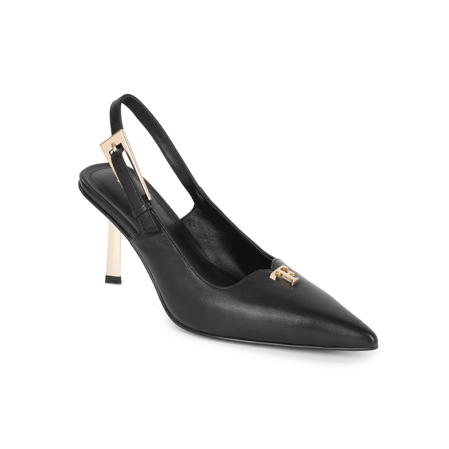 Black Leather Silhouette Slingback Pumps with Logo Accent