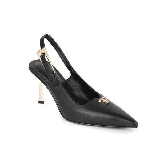 Black Leather Silhouette Slingback Pumps with Logo Accent
