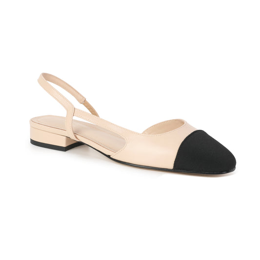 Beige/Black Leather Silhouette Slingback Heeled Flat