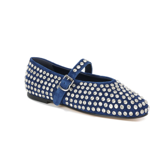 Navy Suede Mary Jane Flats with Crystal Studs