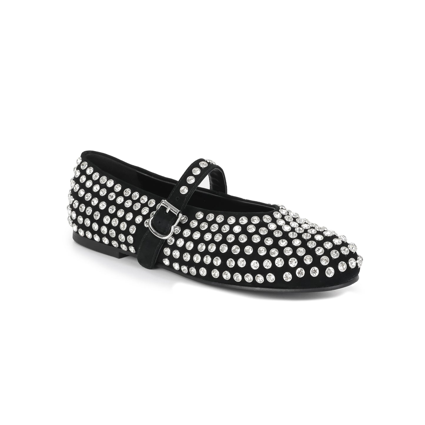 Black Suede Mary Jane Flats with Crystal Studs