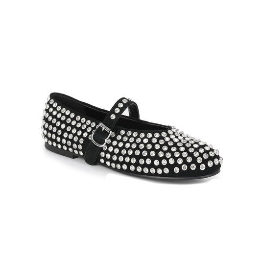 Black Suede Mary Jane Flats with Crystal Studs