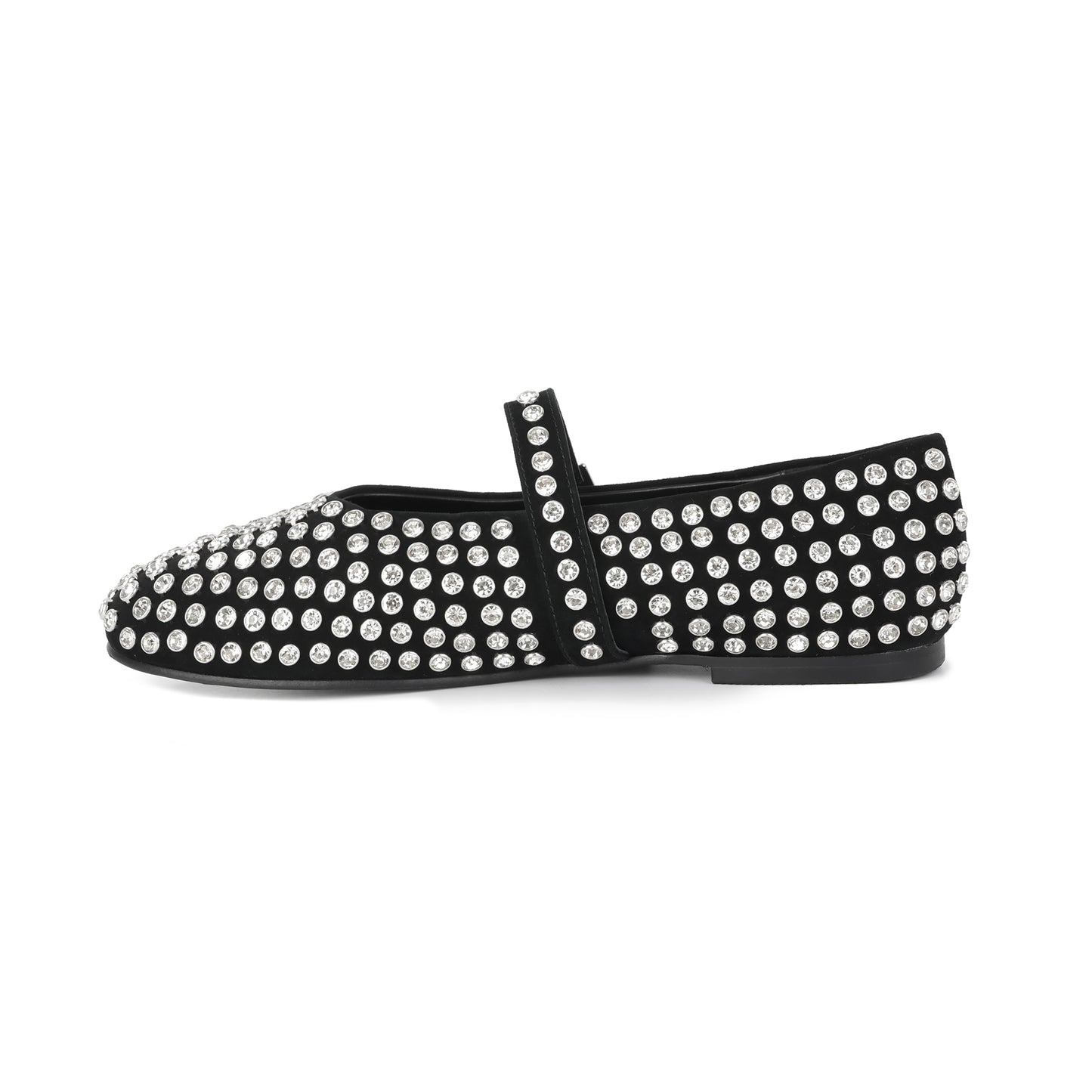 Black Suede Mary Jane Flats with Crystal Studs