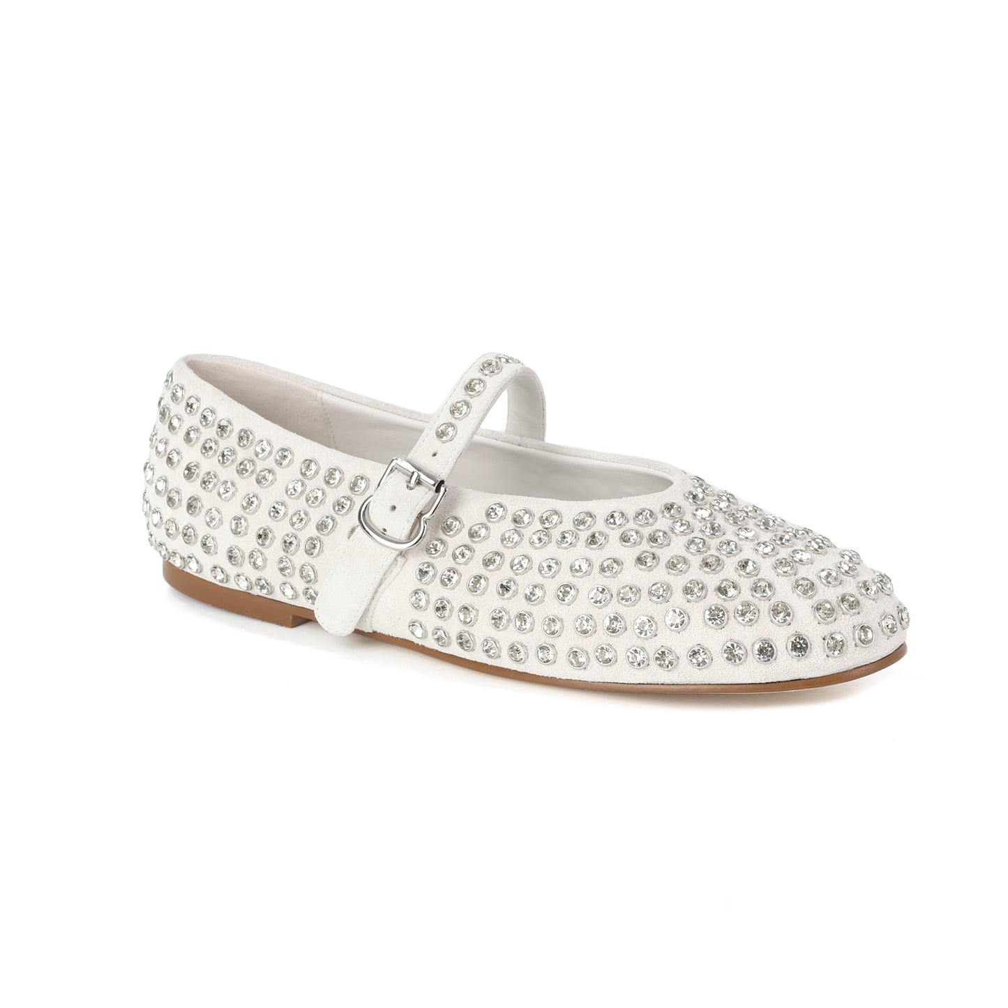 White Suede Mary Jane Flats with Crystal Studs