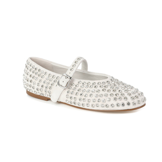White Suede Mary Jane Flats with Crystal Studs