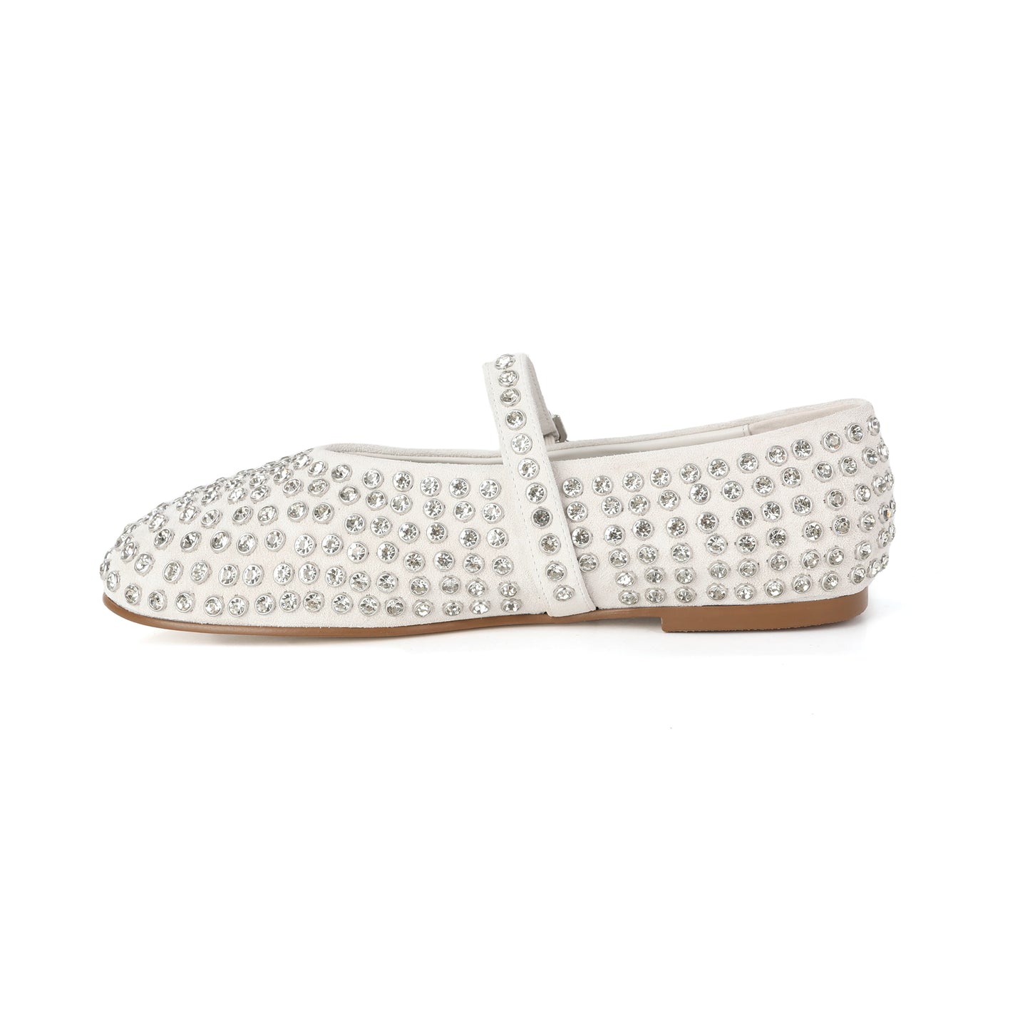White Suede Mary Jane Flats with Crystal Studs