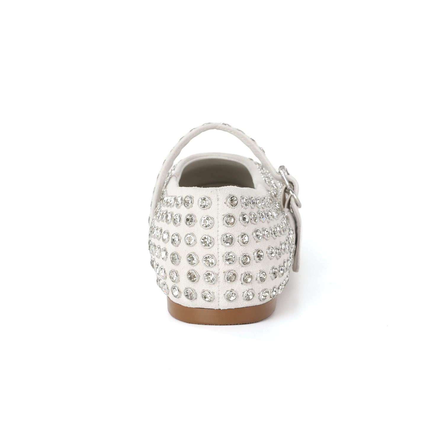 White Suede Mary Jane Flats with Crystal Studs