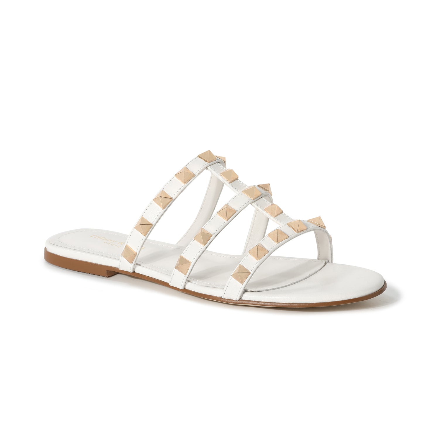 White Triple-Strap Studded Leather Sandals