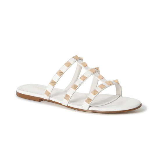 White Triple-Strap Studded Leather Sandals