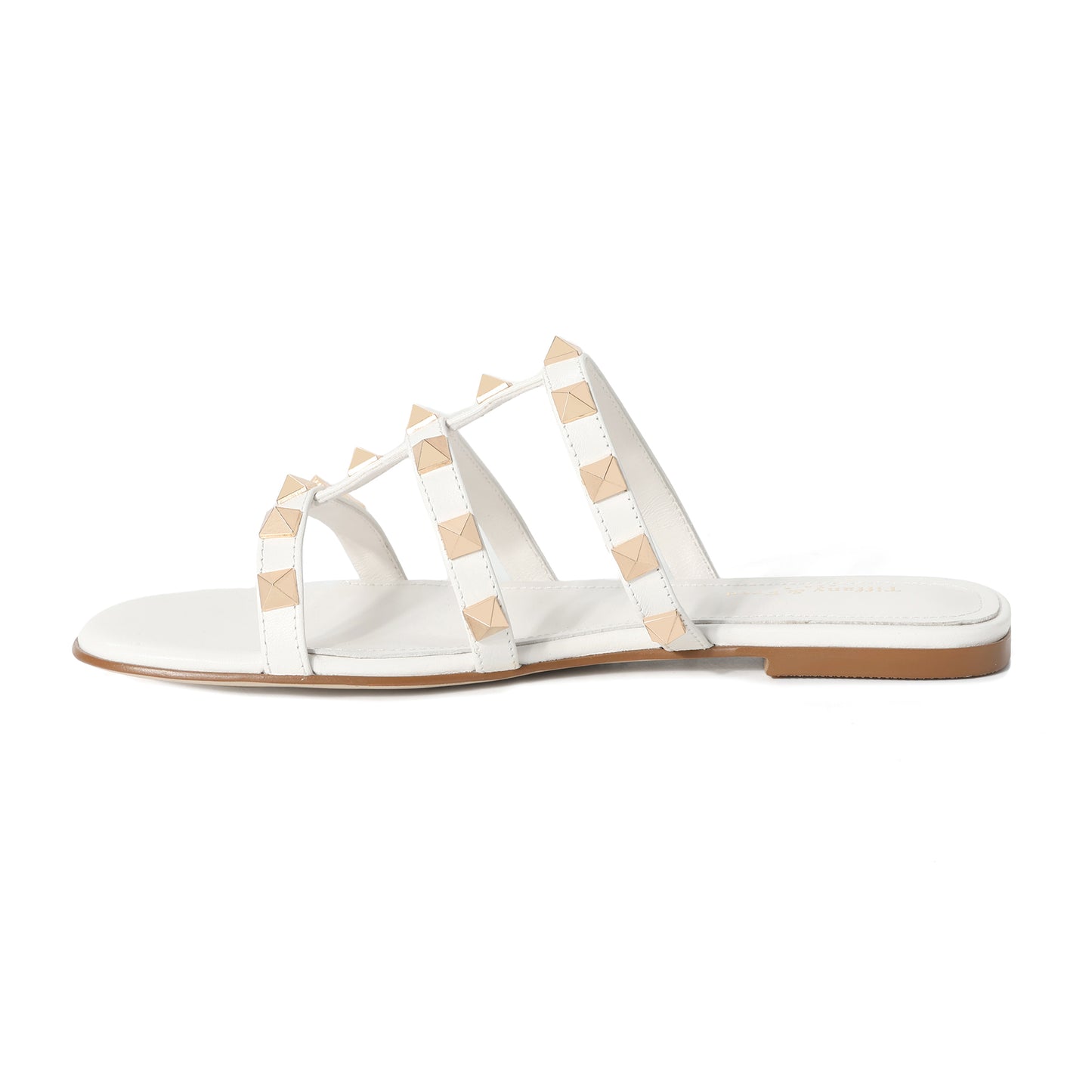 White Triple-Strap Studded Leather Sandals