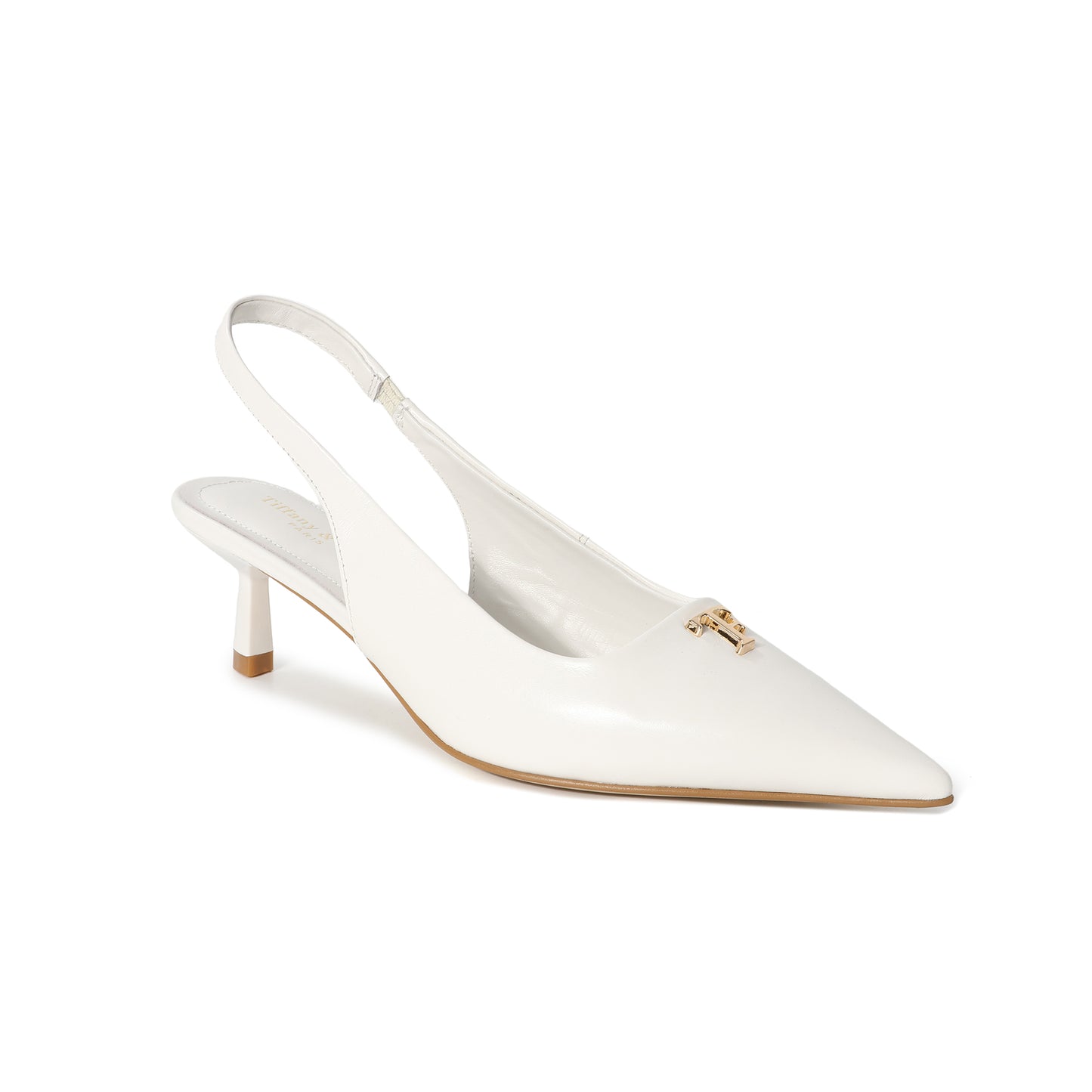 White Leather Slingback Pointed Kitten Heel with Logo Accent