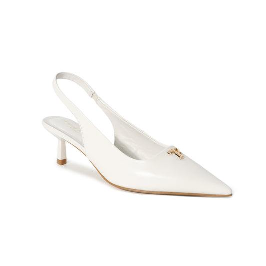 White Leather Slingback Pointed Kitten Heel with Logo Accent