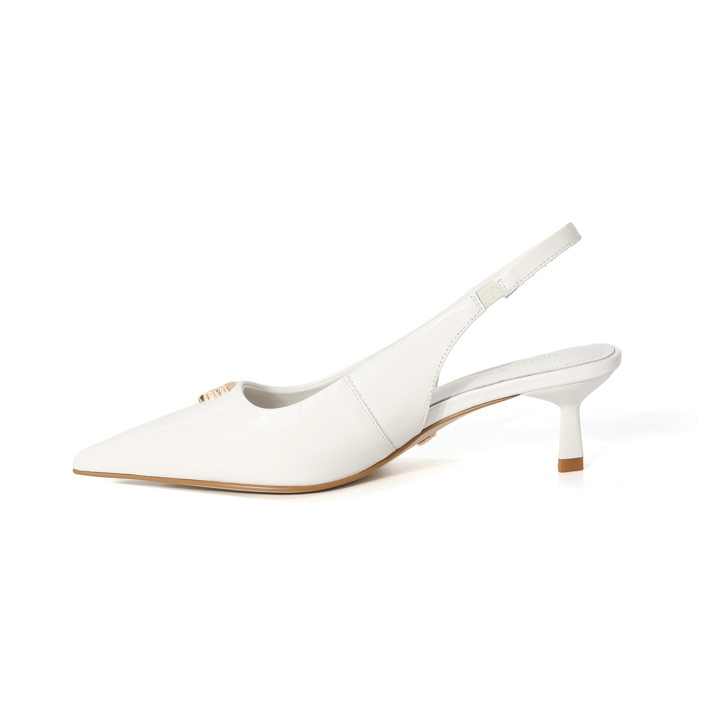 White Leather Slingback Pointed Kitten Heel with Logo Accent