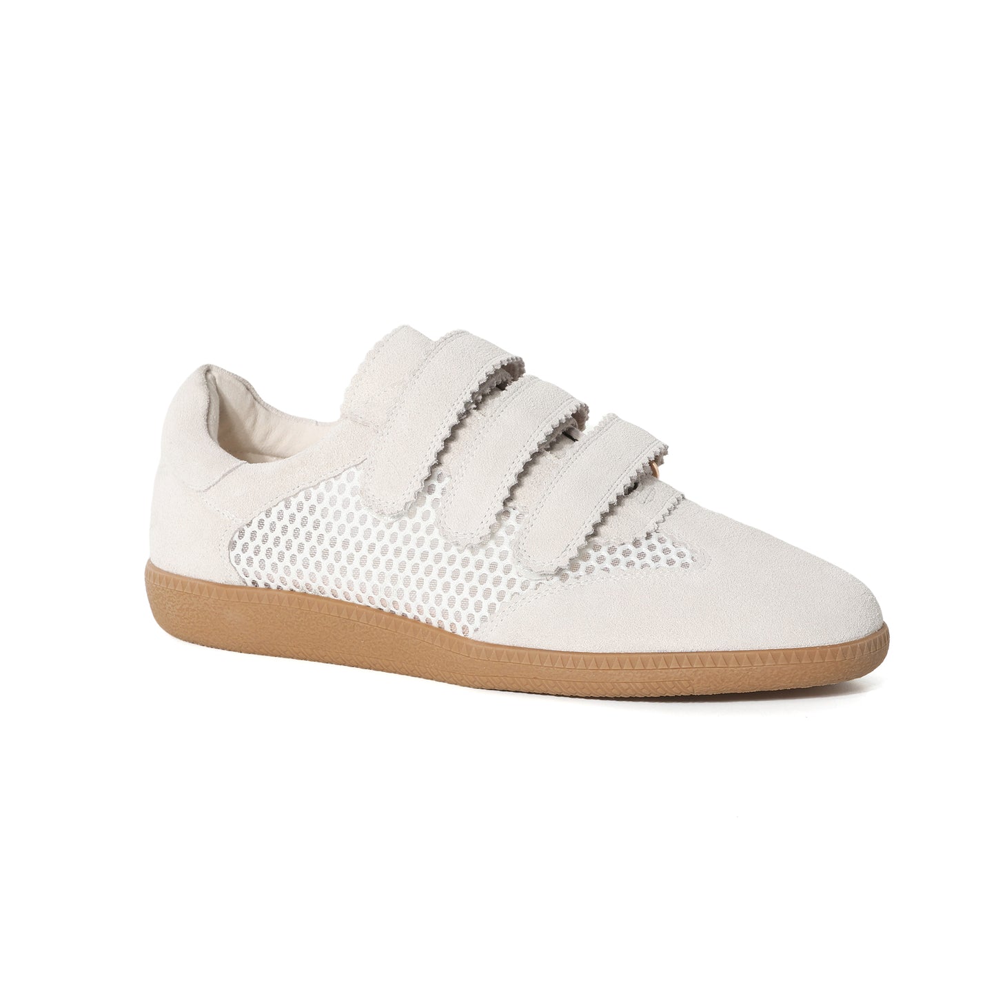 White Suede Leather Triple-Strap Mesh Sneakers
