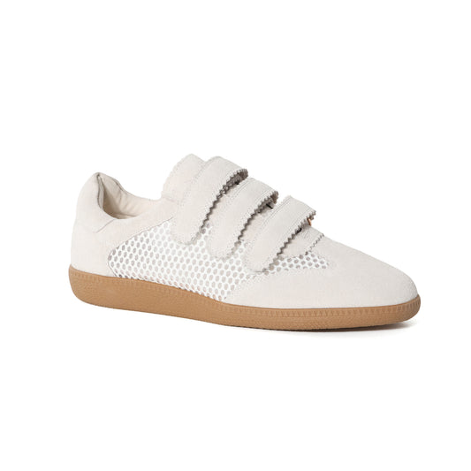 White Suede Leather Triple-Strap Mesh Sneakers