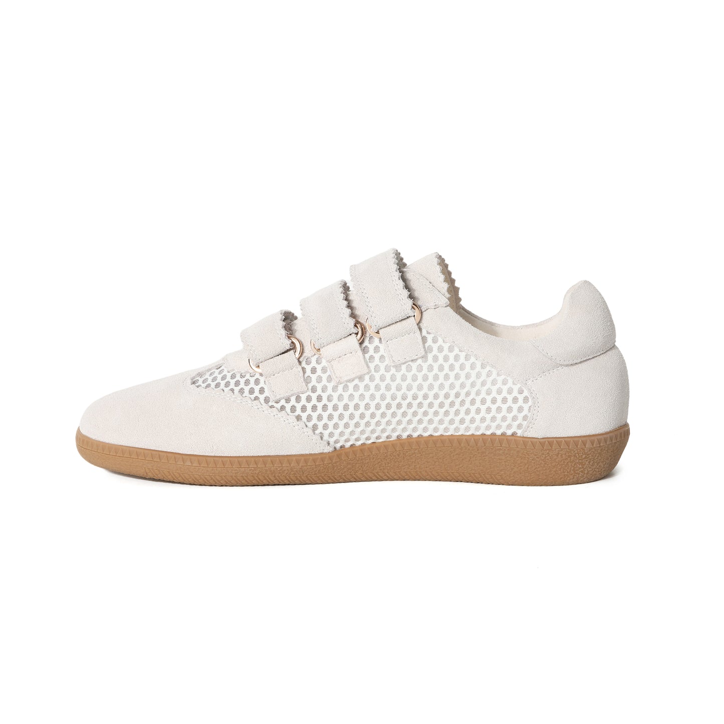 White Suede Leather Triple-Strap Mesh Sneakers