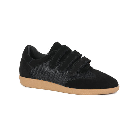 Black Suede Leather Triple-Strap Mesh Sneakers