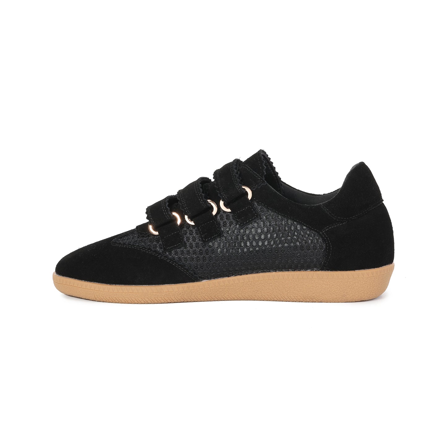 Black Suede Leather Triple-Strap Mesh Sneakers